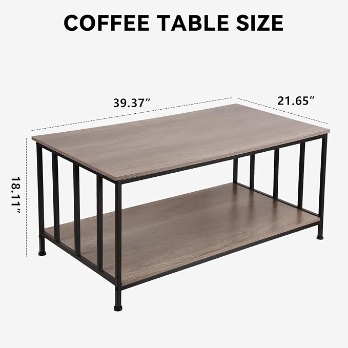 SENIG 2-Tier Coffee Table 39.4" with Slatted Sides Frame, Grey Oak | Industrial Wood and Metal Center Table for Home Office Kitchen 39.4" L x 21.7" W