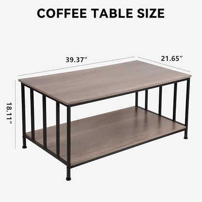 SENIG 2-Tier Coffee Table 39.4" with Slatted Sides Frame, Grey Oak | Industrial Wood and Metal Center Table for Home Office Kitchen 39.4" L x 21.7" W