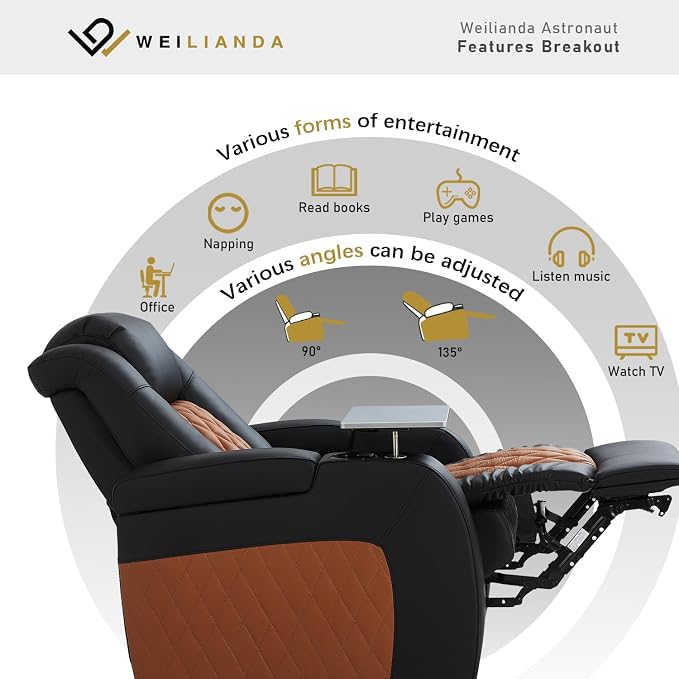 Weilianda Home Theater Seating Top Grain Leather Zero Gravity Recliner Chair Power Headrest Recline Movie Seat Gaming 7 Colors Mood Light Sofa with Tray Table Row of 5 Loveseat Left Black Camel