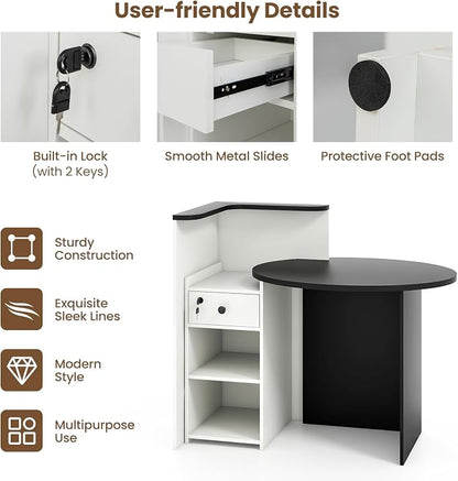 Reception Desk, Retail Checkout Counter w/Lockable Drawer & Open Shelves, Computer Workstation, Small Front Desk Reception Counter for Company Lobby Store Salon Office (Black & White)