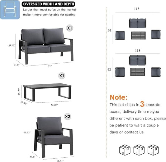 Aluminum Outdoor Patio Furniture Set, 4 Piece Sectional Coversation Sets with Coffee Table, Modern Outdoor Sofa Couch with Thick Cushions for Porch, Balcony, Garden, Dark Gray