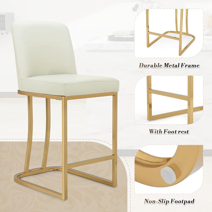 Athena Collection Counter Height Bar Stools Set of 2, 23.5 Inches Leather Upholstered Barstool Set of 2 with Back and Metal Legs, Modern Bar Stool Chairs for Kitchen Island, Dining Room, White