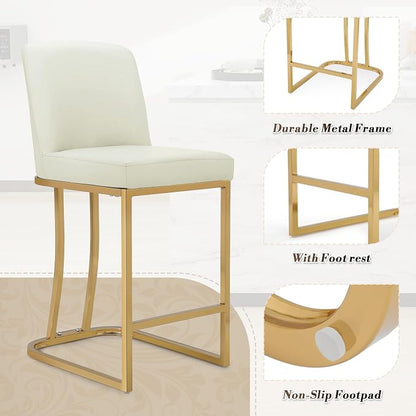 Athena Collection Counter Height Bar Stools Set of 2, 23.5 Inches Leather Upholstered Barstool Set of 2 with Back and Metal Legs, Modern Bar Stool Chairs for Kitchen Island, Dining Room, White
