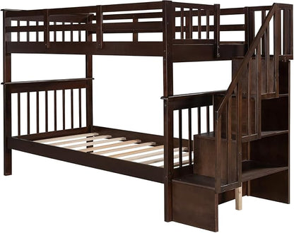 MERITLINE Twin Over Twin Bunk Bed with Storage Staircase, Solid Wood Stairway Convertible Bunk Bed with Stairs (Twin Over Twin,Espresso)