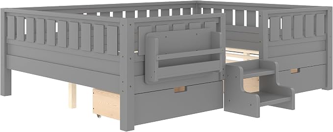 Bellemave Queen Size Kids Bed with high Rails and with Built-in Bookshelf and Drawers for Kids, Girls, Boys, Wood Montessori Bed Without Door, Gray