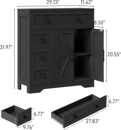 Vabches Farmhouse Storage Cabinet with 2 Doors and 4 Drawers, Freestanding Bathroom Storage Cabinet Kitchen Pantry, Floor Hutch Cupboard for Living Room/Bathroom/Kitchen,(Pure Black)