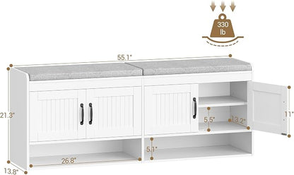Hzuaneri 55.1" Shoe Storage Bench, 3 Tier Entryway Shoe Bench with Padded Cushion & 4 Doors & Adjustable Shelves, 18-21 Pairs of Bed End Benches, Modern Shoes Rack Benches for Bedroom, White SB41403GY