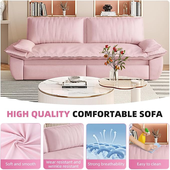 73.2" Sleeper Sofa Bed Queen Size, 3-in-1 Convertible Couch, Modern Pull Out Couches, Comfy Velvet Futon Sofa, Cloud Loveseat Lounge, Pillow Arm for Small Spaces, Living Room, Apartment, Pink