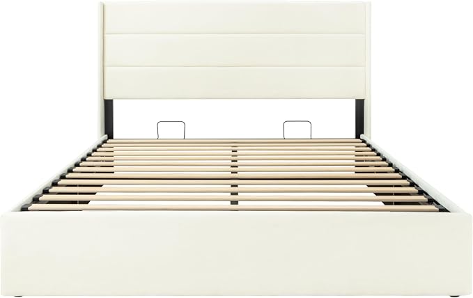 Allewie Queen Size Lift Up Storage Bed, Chenille Fabric Upholstered, Modern Wingback Headboard, Hydraulic Support, No Box Spring Needed, Cream White