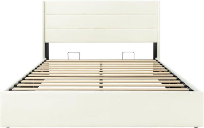 Allewie Queen Size Lift Up Storage Bed, Chenille Fabric Upholstered, Modern Wingback Headboard, Hydraulic Support, No Box Spring Needed, Cream White