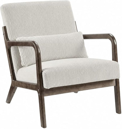 Garvee Mid-Century Modern Accent Chair, Fine Wale Corduroy Upholstery, Solid Wood Armchair with Removable Lumbar Pillow, Sturdy Reading Chair for Living Room, Bedroom, Guest Room, Easy Assembly, Beige