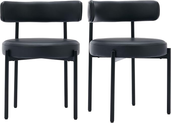 Faux Leather Dining Chairs Set of 6, Upholstered Kitchen and Dining Room Chairs, Mid-Century Modern Dining Chairs with Round Back and Black Metal Legs, Vegan Leather, Black