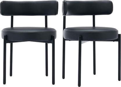 Faux Leather Dining Chairs Set of 6, Upholstered Kitchen and Dining Room Chairs, Mid-Century Modern Dining Chairs with Round Back and Black Metal Legs, Vegan Leather, Black