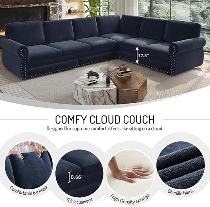118" L-Shaped Sleeper Couch Bed - Oversize Convertible with Pull-Out Sofa Bed, Button Tufted Chesterfield Sofa, Chenille Sectional Vintage Couches for Living Room/Apartment(6-Seater, Blue) | Oversize Convertible