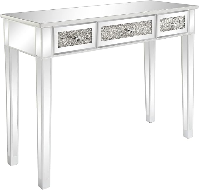 VINGLI Silver Mirrored Vanity Desk, Makeup Vanity Desk, Glass Desk with 3 Drawers, Glass Vanity for Women Girls Bedroom, Makeup Room & Office Writing Desk