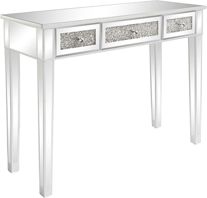 VINGLI Silver Mirrored Vanity Desk, Makeup Vanity Desk, Glass Desk with 3 Drawers, Glass Vanity for Women Girls Bedroom, Makeup Room & Office Writing Desk
