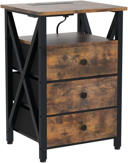 AMHANCIBLE Nightstands Set of 2, LED Night Stand with Charging Station, End Side Tables with USB Port & Outlet, Bedside Tables with 3 Fabric Drawers for Bedroom, Rustic Brown HET053LBR