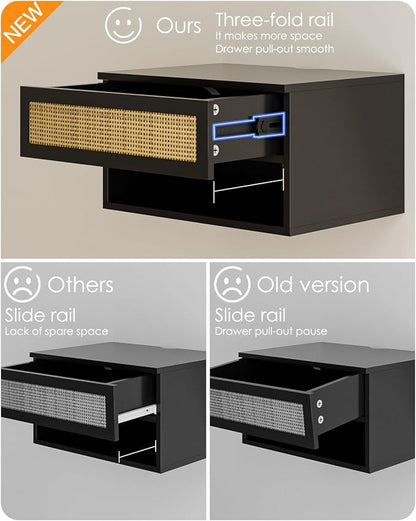 Floating Nightstand With Drawer - Small Modern Shelves for Bedroom, Bathroom (Black Rattan)