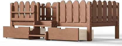 Bellemave Twin Montessori Bed with Stairs, Lights, Rails and Slats, Twin Size Montessori Floor Bed with Bookshelf and 2 Storage Drawers, Easy Assemble Beds Frame for Girls, Boys, Natural