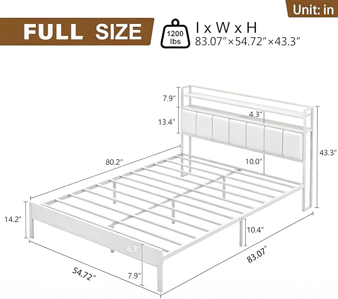 Full Size Bed Frame with Upholstered Headboard and 2-Tier Storage Shelves | Metal / Charging Station / LED Lights / Under Bed Storage / Non-slip/ Noise Free / No Box Spring Needed / White
