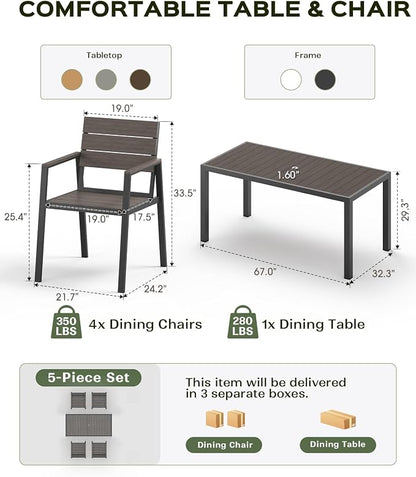 Vexwalx 5-Piece Outdoor Dining Set, Aluminum Dining Table Set for 4, Patio Table and Chairs Set with Umbrella Hole, All Weather HDPS Outdoor Table and Chairs for 4 (Charcoal)