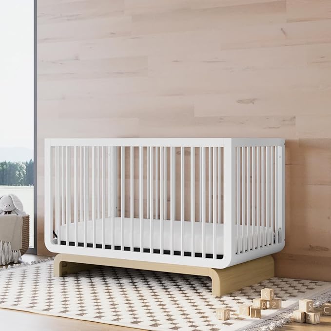 Storkcraft Santorini 5-in-1 Convertible Crib with Toddler Guardrail – GREENGUARD Gold Certified, Conversion Kit Included, 100% Solid Wood, Fits Standard Crib Mattress (White and Driftwood)