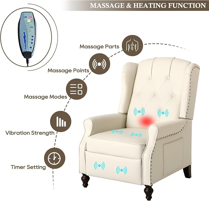 Wingback Recliner Chair with Massage & Heat, Cat-Proof Push Back Arm Chair, Recliner Chair for Living Room Bedroom Home Theater (1, Beige)