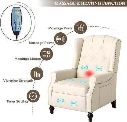 Wingback Recliner Chair with Massage & Heat, Cat-Proof Push Back Arm Chair, Recliner Chair for Living Room Bedroom Home Theater (1, Beige)