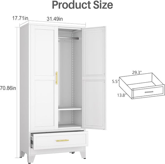 winiowa Metal Armoire Wardrobe Closet with Drawer, 71" Wardrobe Cabinet with Adjustable Shelves and Hanging Rod, Clothing Storage Cabinet Closet for Bedroom-White