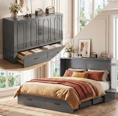 PUREMIND Queen Murphy Bed with Mattress Included, Murphy Cabinet Bed with Storage Drawer, Built-in Charging Station, Solid Wood Frame, Space-Saving Cabinet Beds for Small Spaces/Guest Room (Gray)