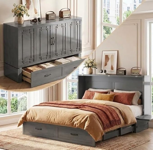 PUREMIND Queen Murphy Bed with Mattress Included, Murphy Cabinet Bed with Storage Drawer, Built-in Charging Station, Solid Wood Frame, Space-Saving Cabinet Beds for Small Spaces/Guest Room (Gray)