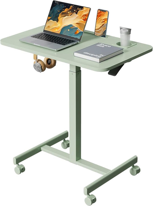 Mobile Standing Desk, 28 inch Rolling Laptop Cart Adjustable Height with Cup Holder, Portable Table with 4 Lockable Wheels, Green Computer Workstation with Hook and Slots for Home Office