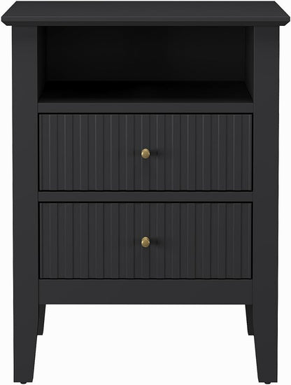 RoyalCraft Black Fluted Nightstand with 2 Drawers, Colorful Nightstand for Bedroom, Modern Wooden End Table with Storage for Small Spaces, Tall Side Sofa Table for Couch, Home Office