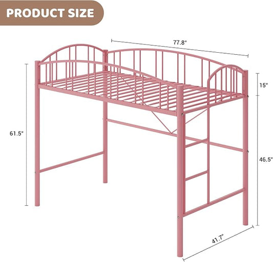 GarveeHome Loft Bed Twin Size, Heavy Duty Metal Loft Bed Frame with Arched Guardrail and Safety Ladder, Space-Saving, No Box Spring Needed, Modern Pink