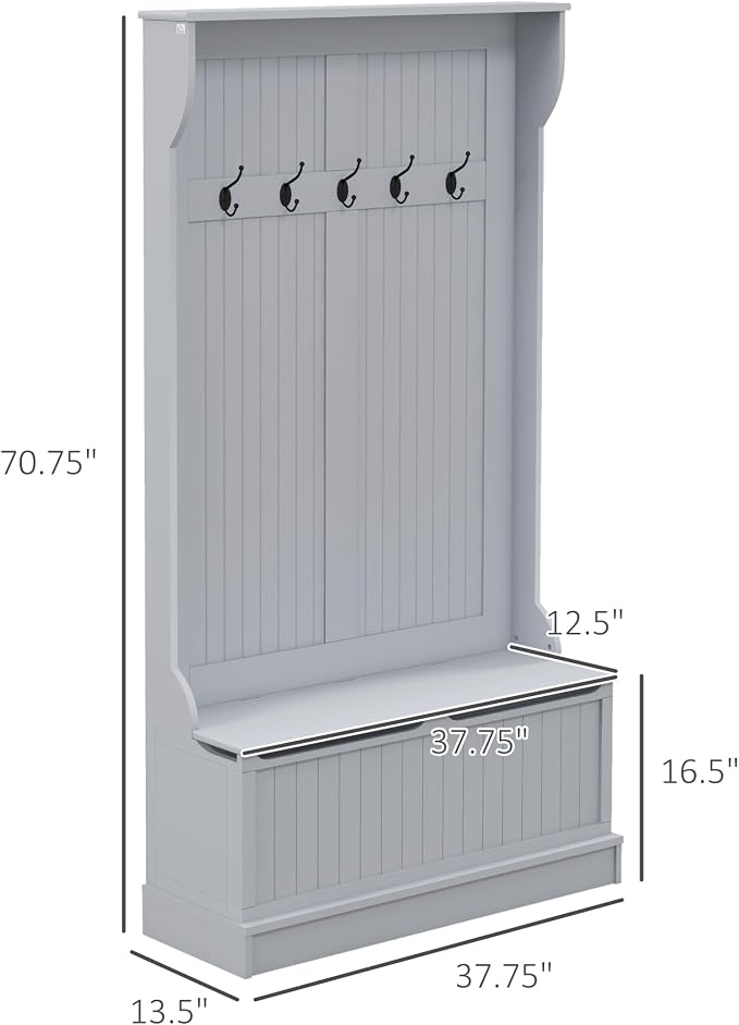 HOMCOM Hall Tree With Bench and Shoe Storage 3-In-1 Entryway Bench Gray | Coat Rack, 5 Hooks, Flip Top Storage Compartment