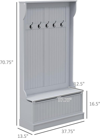 HOMCOM Hall Tree With Bench and Shoe Storage 3-In-1 Entryway Bench Gray | Coat Rack, 5 Hooks, Flip Top Storage Compartment