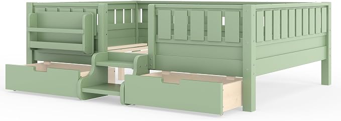 Bellemave Full Kids Montessori Bed with Stairs, Bookshelf and Drawers, Solid Wood Kids Bed Frame with Storage for Boys Girls, Low Profile,Green