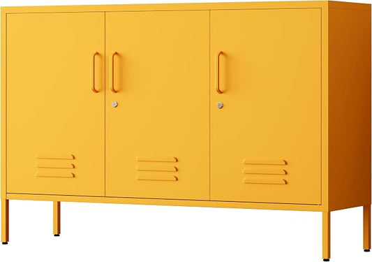 32" Wide 3-Door Lockable Metal Storage Cabinet with Accent Cabinet Locker, Heavy Duty Home Tool Cabinet, 2 Removable Shelves & Easy Assembly, for Home, Office, Entryway and Hallway Yellow