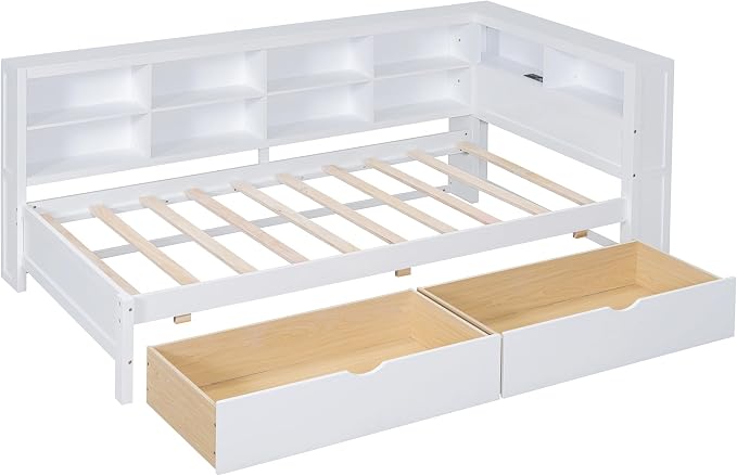Bellemave Twin Corner Bed Frame, Wood Twin Size Daybed with L-Shaped Bookcase and 2 Drawers，Daybed with Storage Cabinets, White