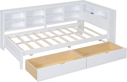 Bellemave Twin Corner Bed Frame, Wood Twin Size Daybed with L-Shaped Bookcase and 2 Drawers，Daybed with Storage Cabinets, White