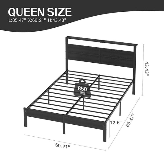Liians Queen Size Black Metal Bed Frame with USB Type-C Charging Headboard, Smart LED Lights, Noise-Free Platform Bed, No Box Spring Needed, Easy Assembly