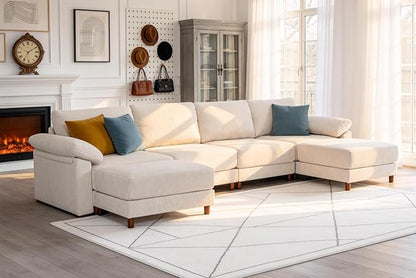 Oversized L Shaped Sectional Couch for Living Room, Extra Large Deep Seat Modular Sectional Sofa with Washable Covers, Modern Cloud Couch for Apartment, Bedroom (Beige, U Shape 6 Seat)