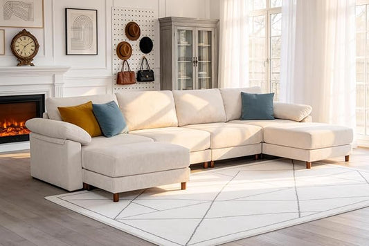Oversized L Shaped Sectional Couch for Living Room, Extra Large Deep Seat Modular Sectional Sofa with Washable Covers, Modern Cloud Couch for Apartment, Bedroom (Beige, U Shape 6 Seat)