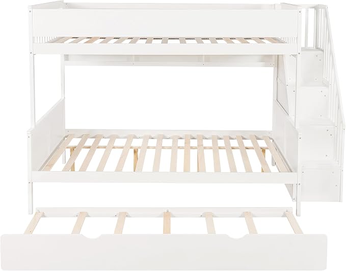 Modern Bunk Bed Full XL Over Queen Size with Storage Shelves and Staircase, Solid Wood Bunk Bed Frame with Trundle and LED Light for Kids Teens Adults (White-3.9)