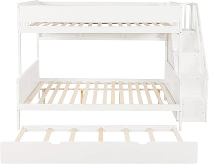Modern Bunk Bed Full XL Over Queen Size with Storage Shelves and Staircase, Solid Wood Bunk Bed Frame with Trundle and LED Light for Kids Teens Adults (White-3.9)