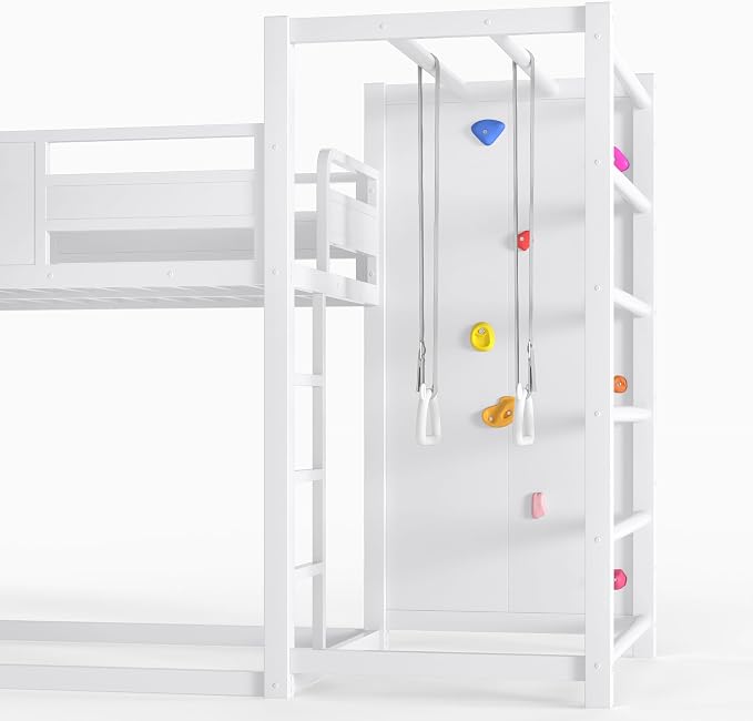 Harper & Bright Designs Twin Size Metal Bunk Bed with Built-in Bookshelves and Basketball Hoop, Floor Bunk Bed Twin Over Twin with Slide, Climbing Wall and Pull-up Rings for Kids Teens, White