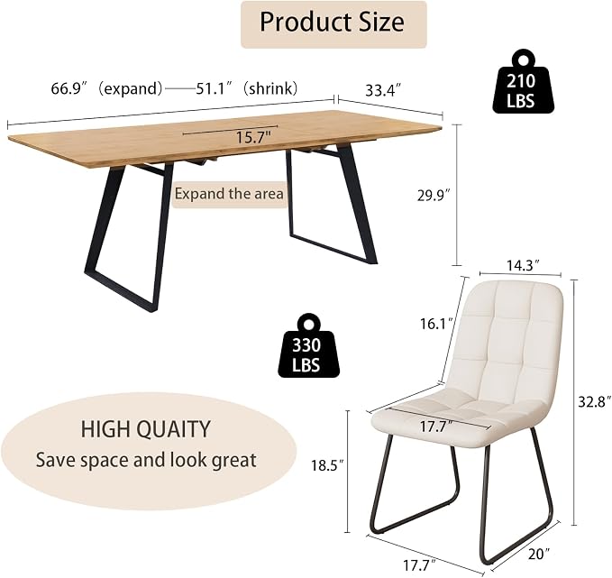 ZckyCine 51‑67 Inch Expandable Dining Set with 6 PU Leather Chairs, Wooden Furniture for Small‑Size Homes