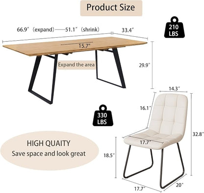 ZckyCine 51‑67 Inch Expandable Dining Set with 6 PU Leather Chairs, Wooden Furniture for Small‑Size Homes