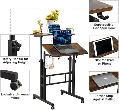 Hadulcet Mobile Standing Desk with Wheels, Rolling Desk Adjustable Height, Portable Laptop Table with Charging Station, Sit Stand up for Home Office, Study, Classroom, Rustic Brown