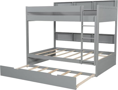 Harper & Bright Designs Rustic Wood Bunk Bed with Pull-Out Trundle, Twin Over Twin Wooden Bunk Bed with Large Cabinet Beside Upper and Down Bed, Gray